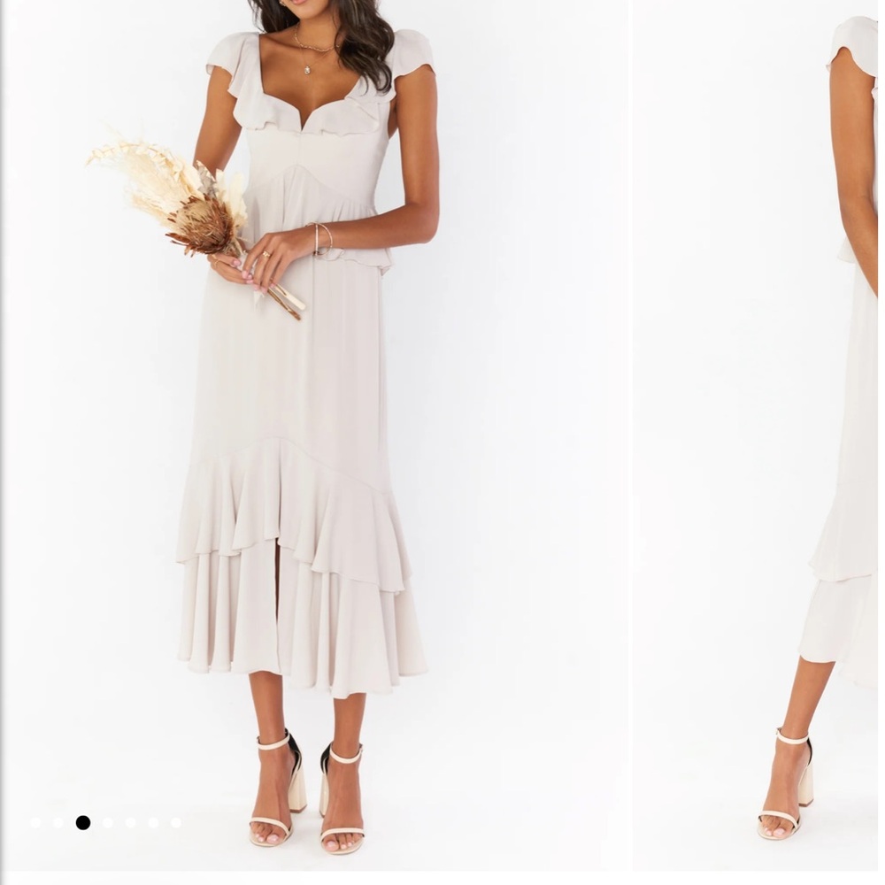 Show Me Your Mumu Bridesmaid | neutral ruffled tiered midi dress | size large